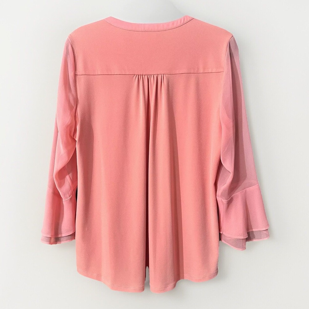 Charter Club Women's Medium Sheer 3/4 Sleeve Pleated Coral Ruffle Blouse - Picture 3 of 3